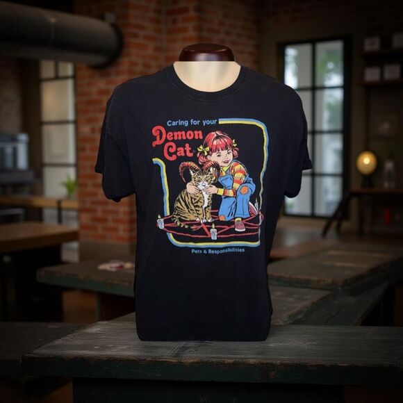 Steven Rhodes Caring For Your Demon Cat Black Graphic T-shirt Adult XL #119 - Picture 1 of 5